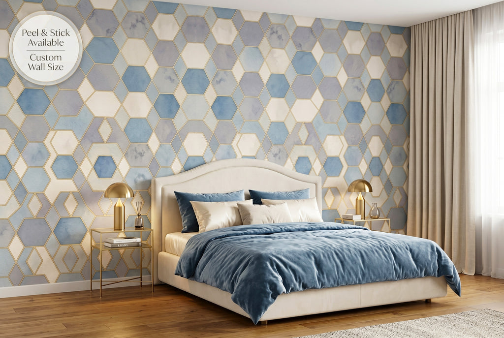 Art Deco geometric wallpaper in an elegant sophisticated bedroom with dusty blue gold and cream tones