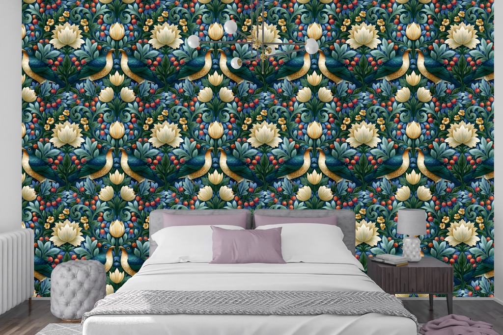 Rich teal and gold floral heritage wallpaper creating a dramatic accent wall in a moody bedroom