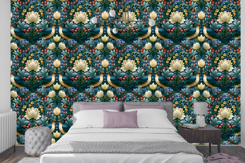 Rich teal and gold floral heritage wallpaper creating a dramatic accent wall in a moody bedroom