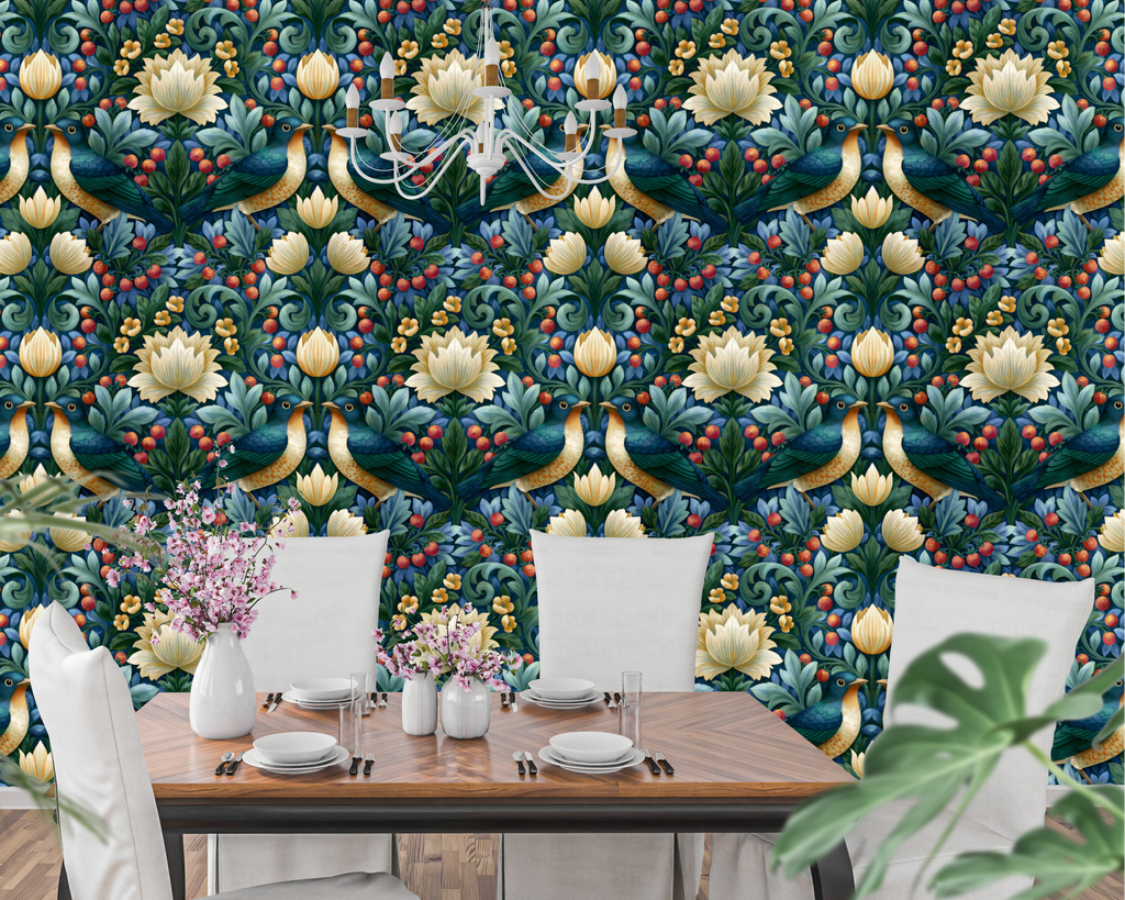 Dark navy Arts and Crafts botanical wallpaper in a moody elegant dining room