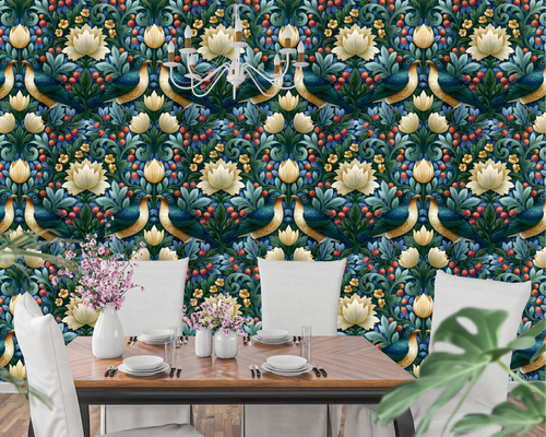 Dark navy Arts and Crafts botanical wallpaper in a moody elegant dining room