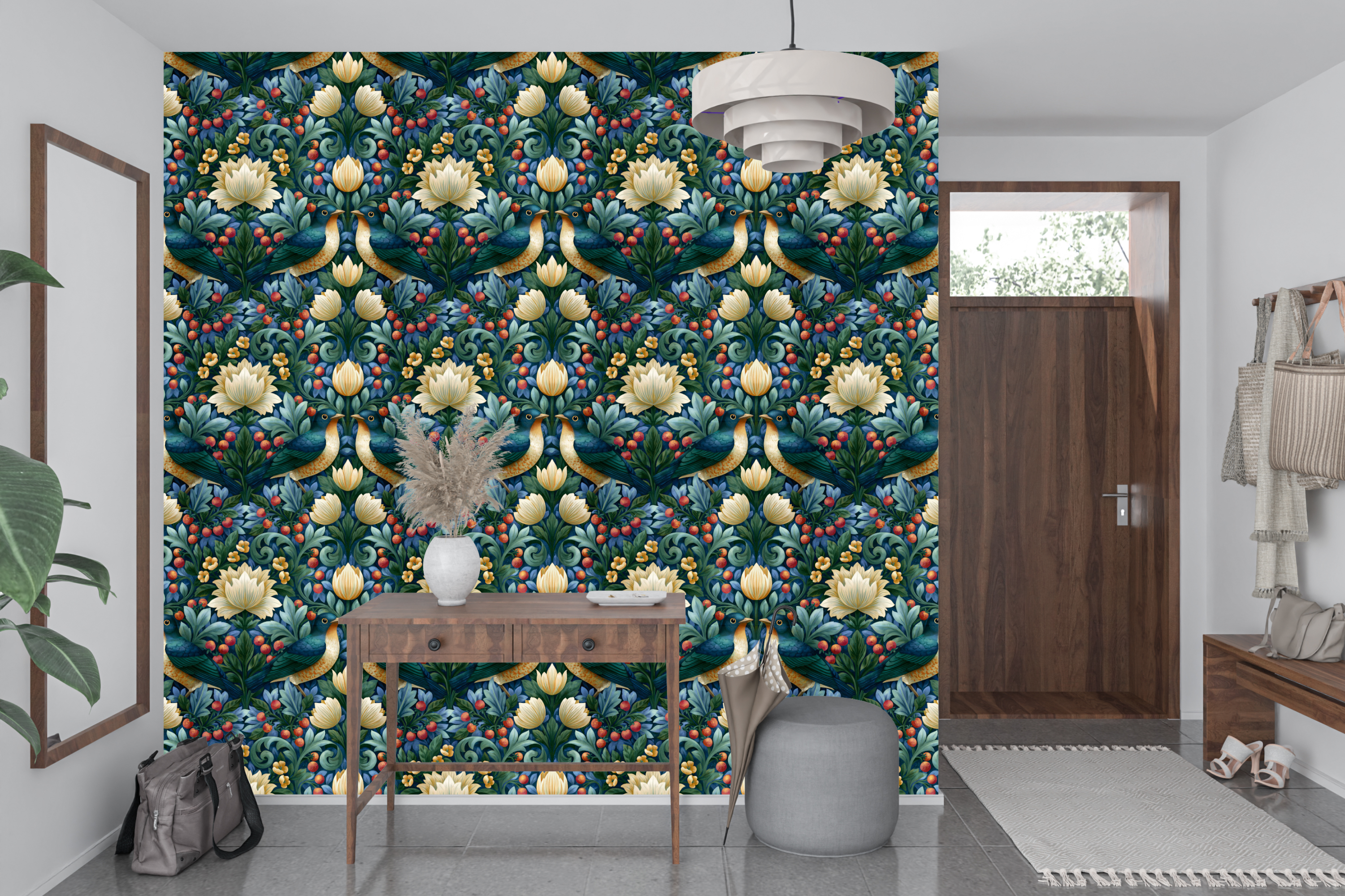 Symmetrical dark floral bird tapestry wall mural transforming a historic home entryway