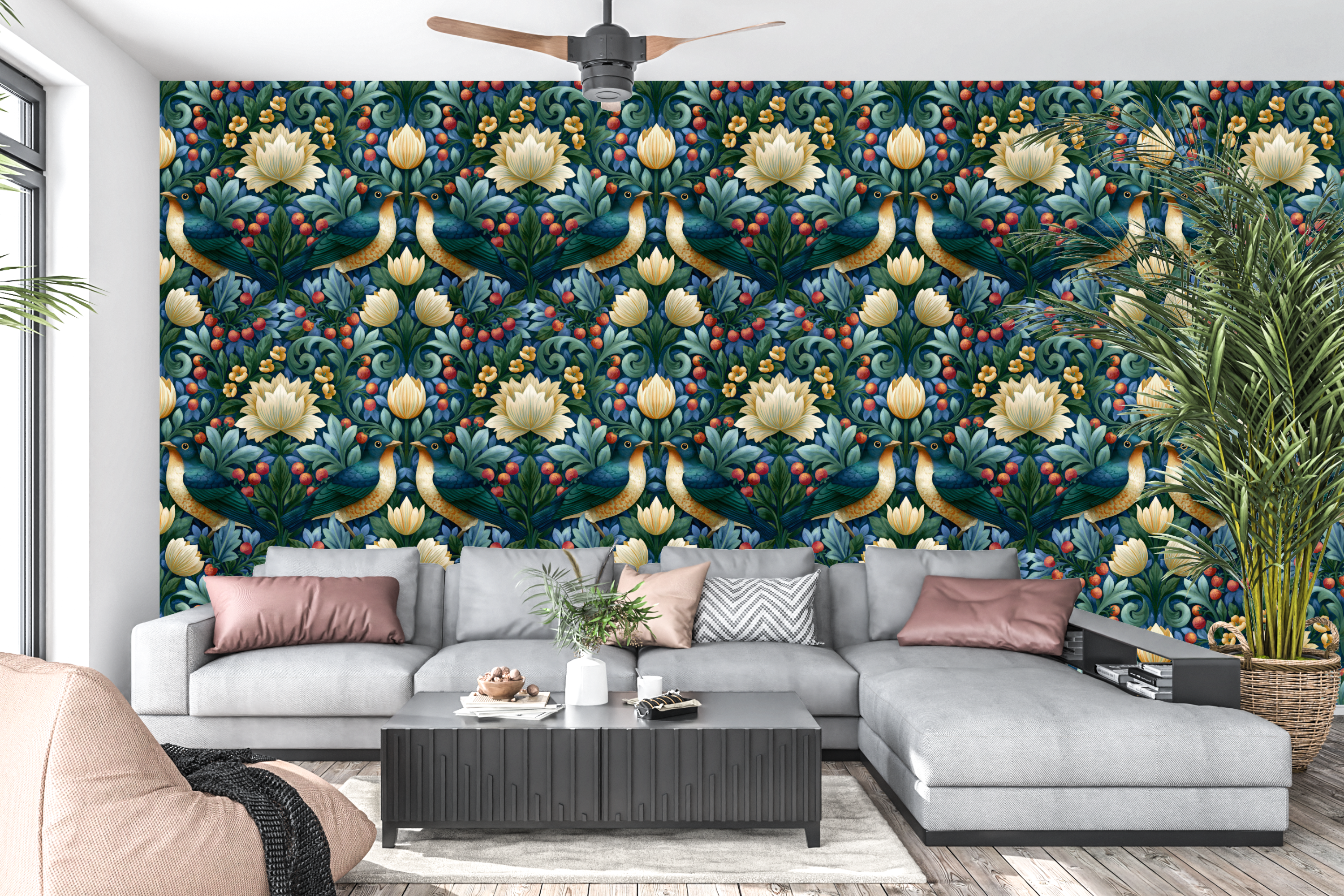Arts & Crafts Bird Botanical Wallpaper Dark Moody Vintage Berry & Foliage Mural