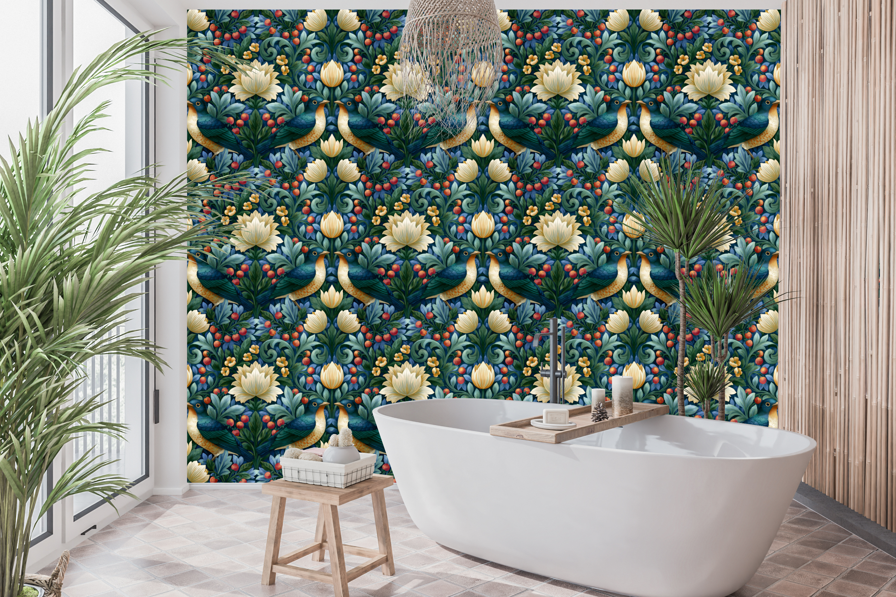Waterproof vinyl historic botanical wallpaper applied in a jewel-box modern bathroom