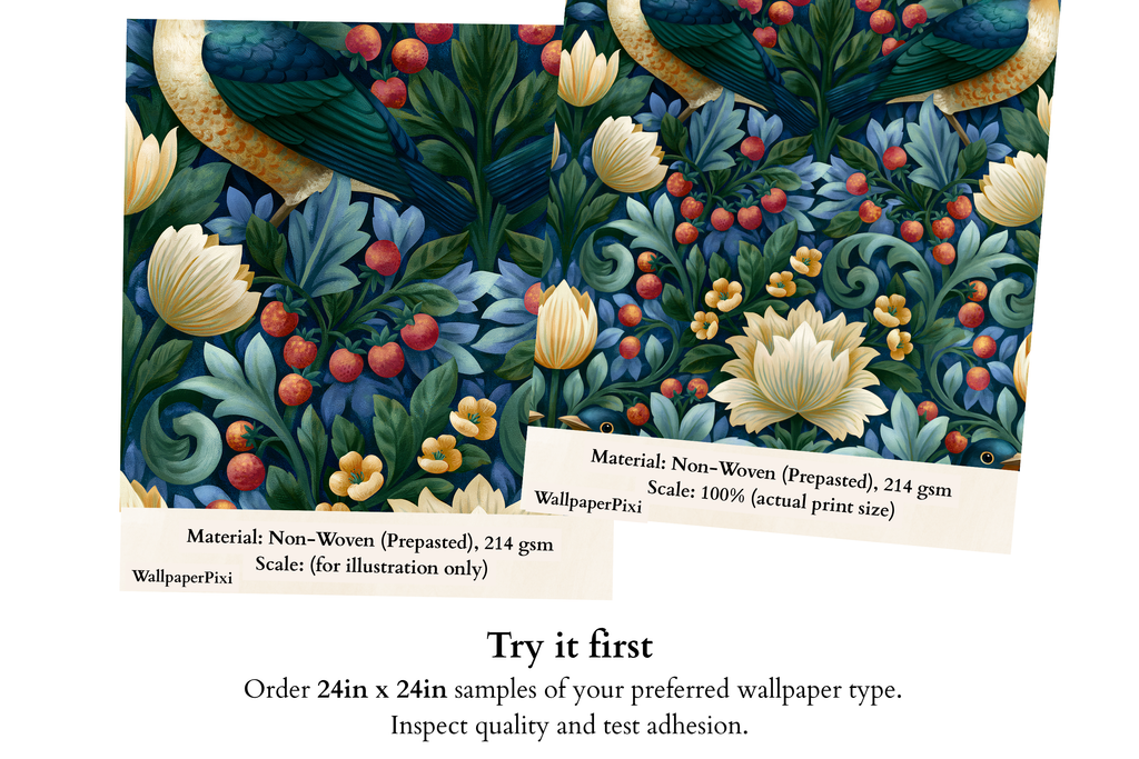 Arts & Crafts Bird Botanical Wallpaper Dark Moody Vintage Berry & Foliage Mural