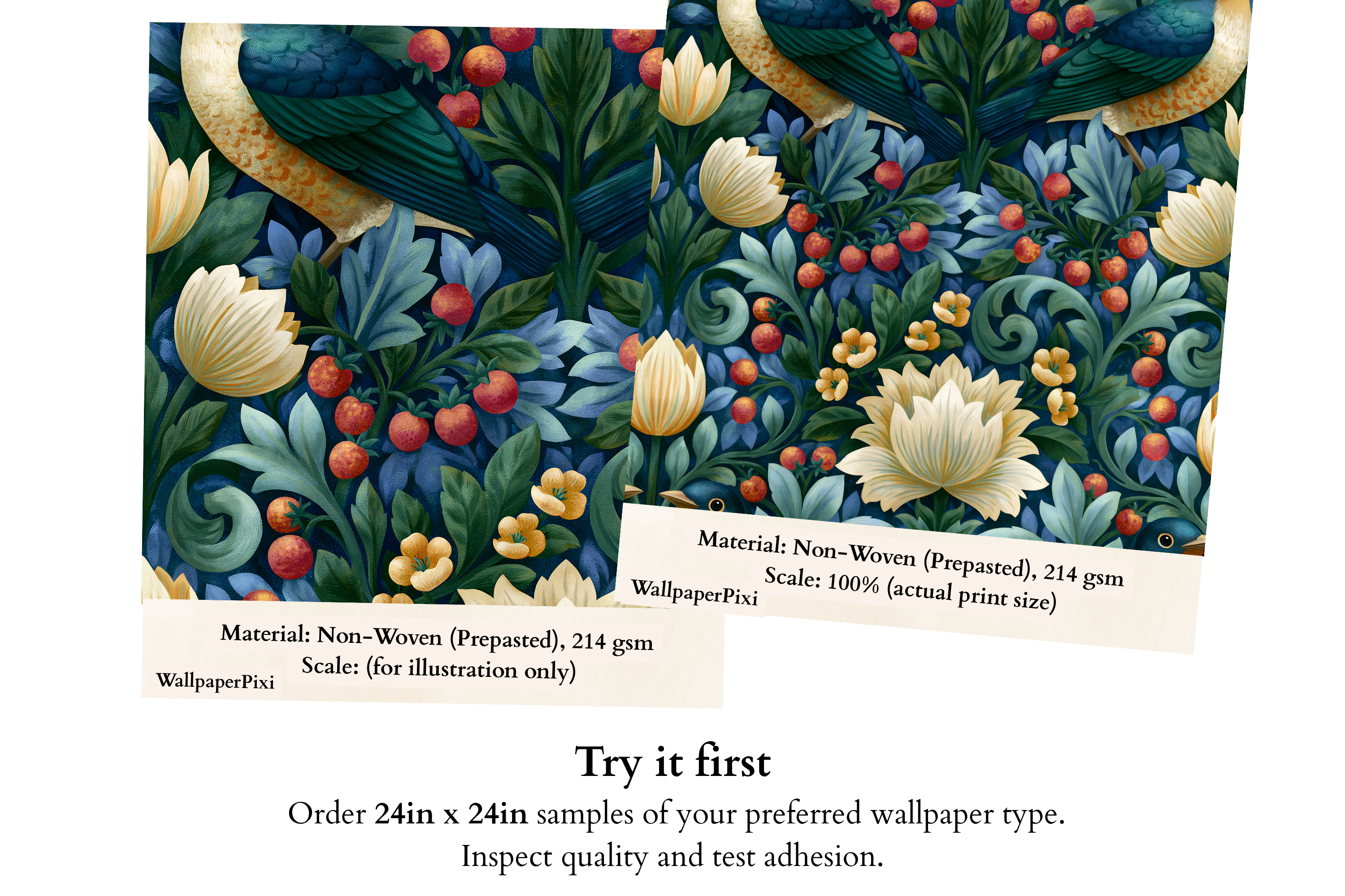 Arts & Crafts Bird Botanical Wallpaper Dark Moody Vintage Berry & Foliage Mural