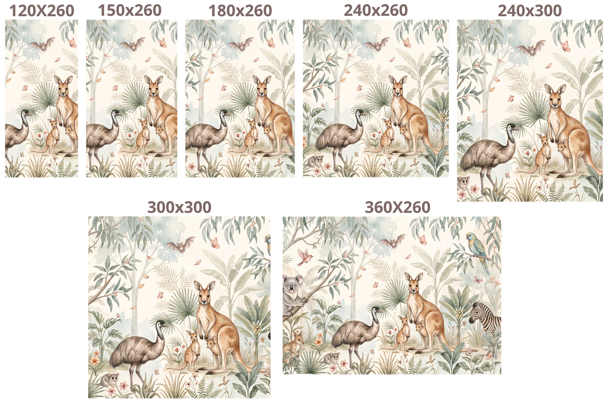 Australian wildlife wallpaper with kangaroo family koala zebra and tropical foliage