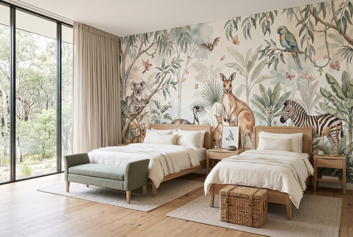 Watercolor Australian animal nursery wallpaper with koala and kangaroos