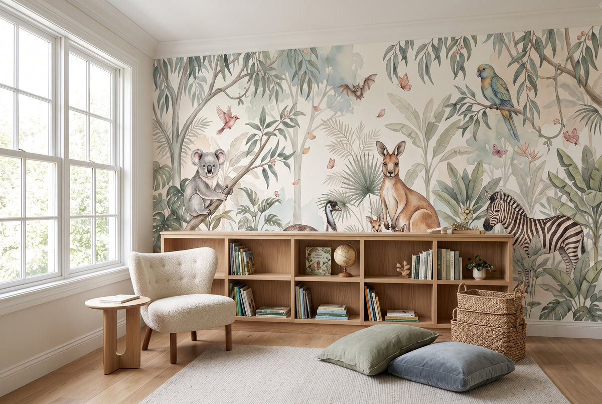 Australian animals wallpaper mural with koala kangaroo zebra and emu