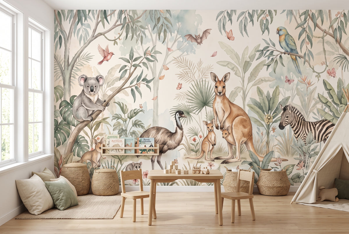 Australian wildlife wallpaper with kangaroo family koala zebra and tropical foliage