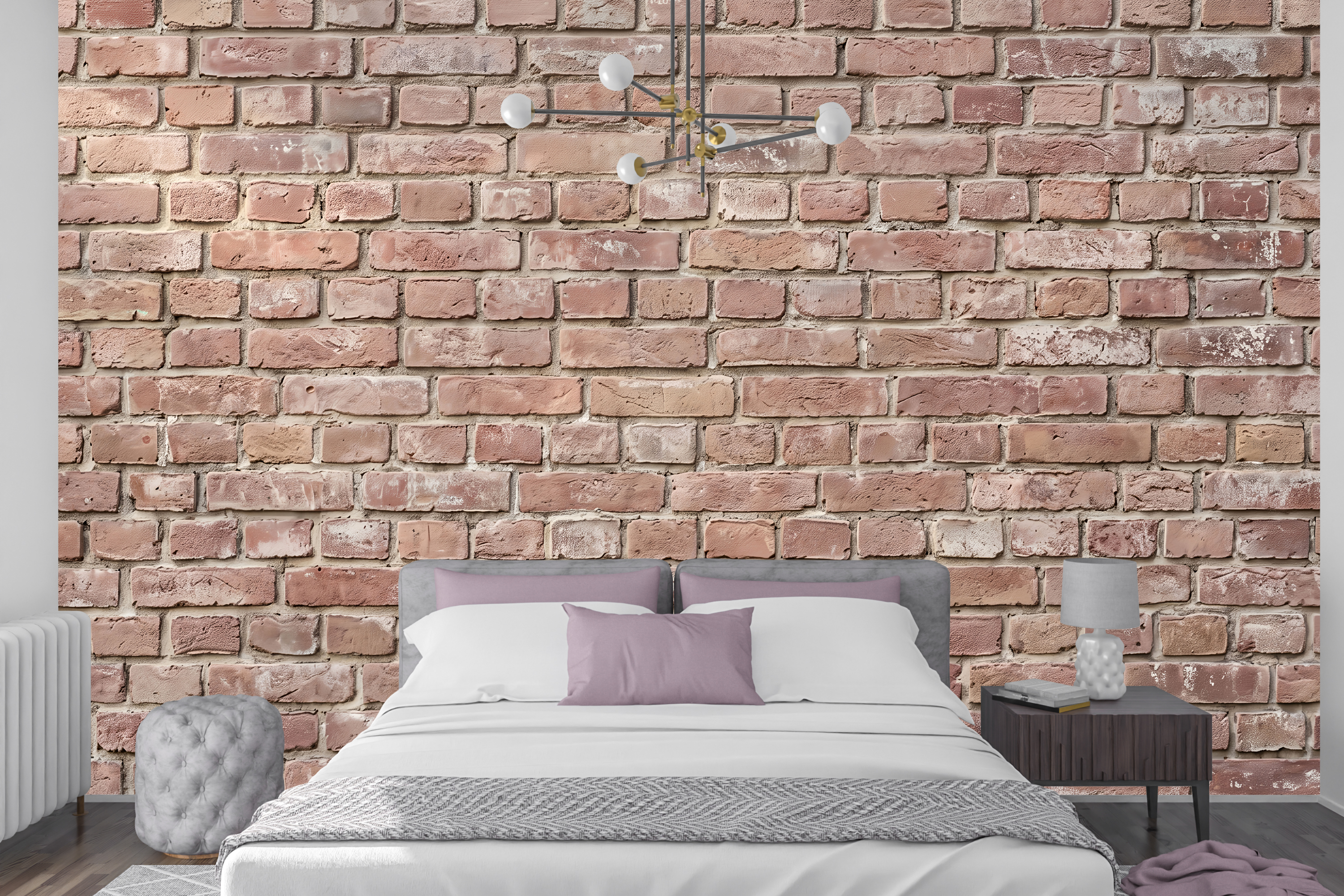 Seamless exposed brick peel and stick wallpaper behind a modern bed