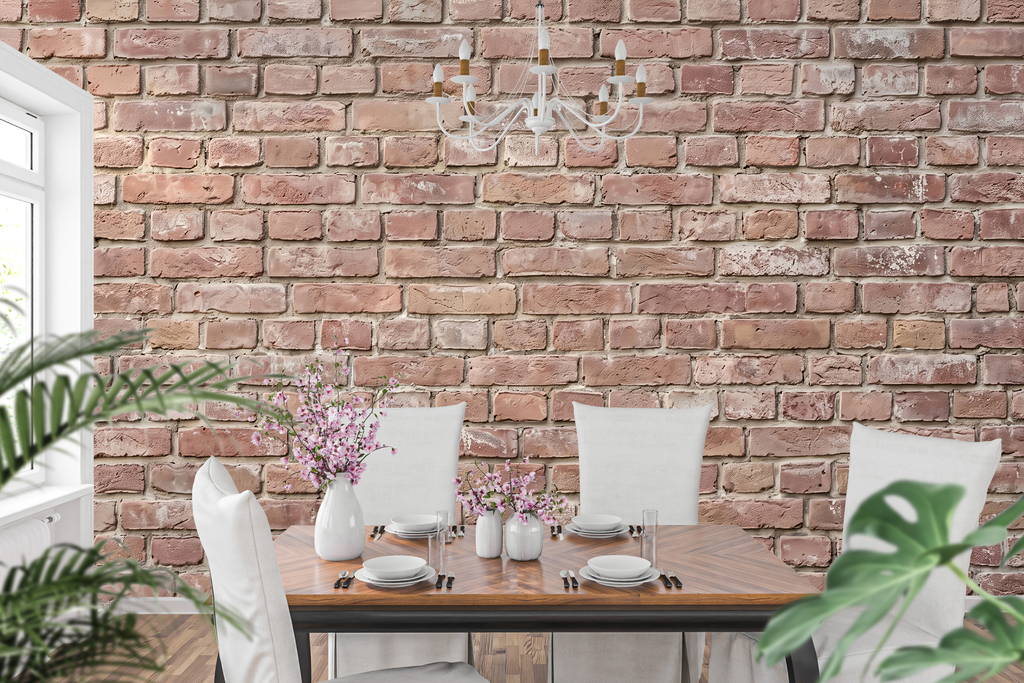 Vintage warehouse style red brick wall mural transforming a commercial coffee shop