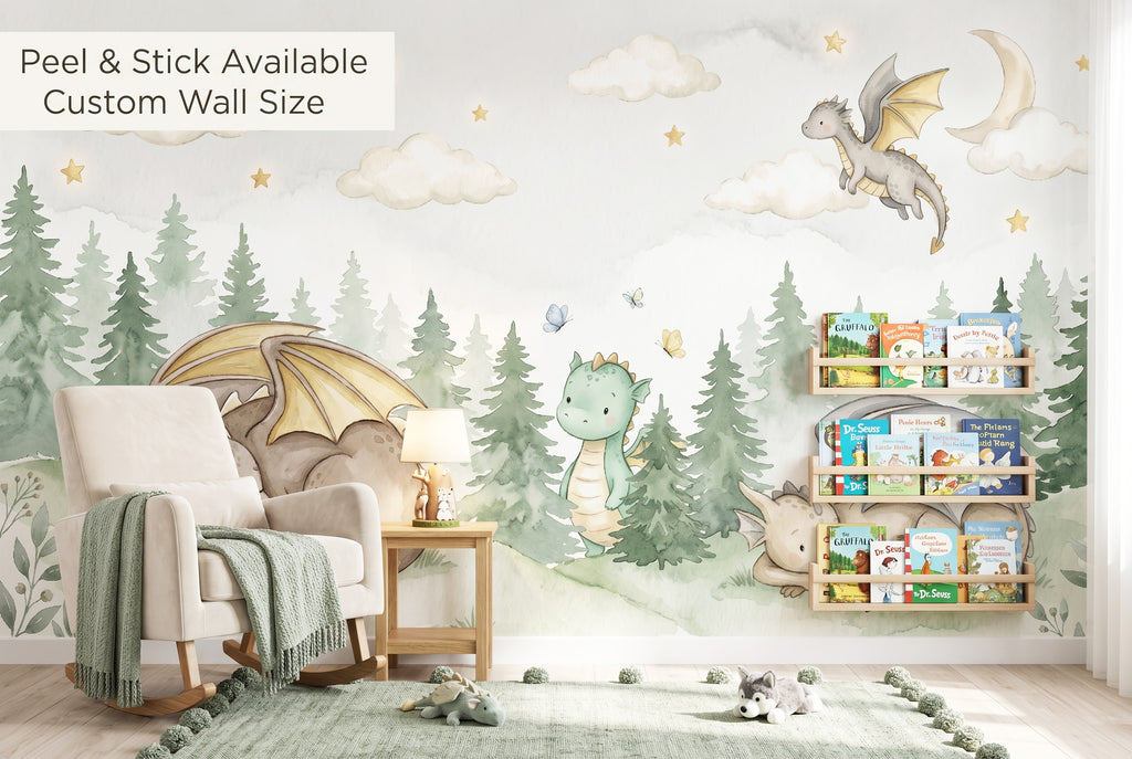 Baby dragon nursery mural in a cozy reading nook with a cream armchair and wooden bookshelves.