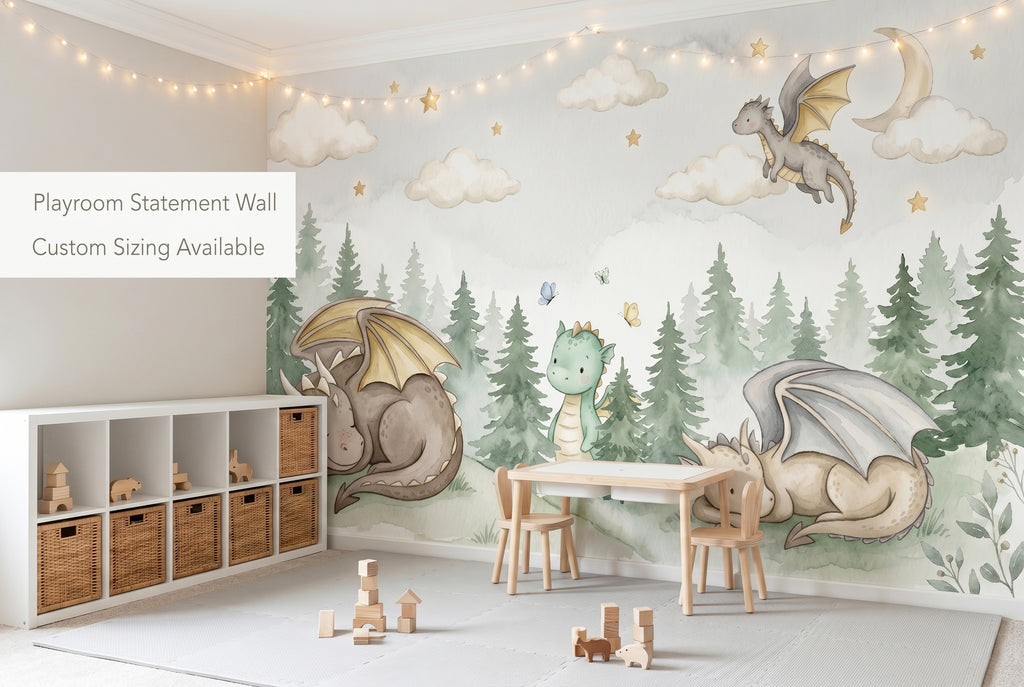 Baby dragon wallpaper mural in a minimalist playroom with white toy storage and sage accents.