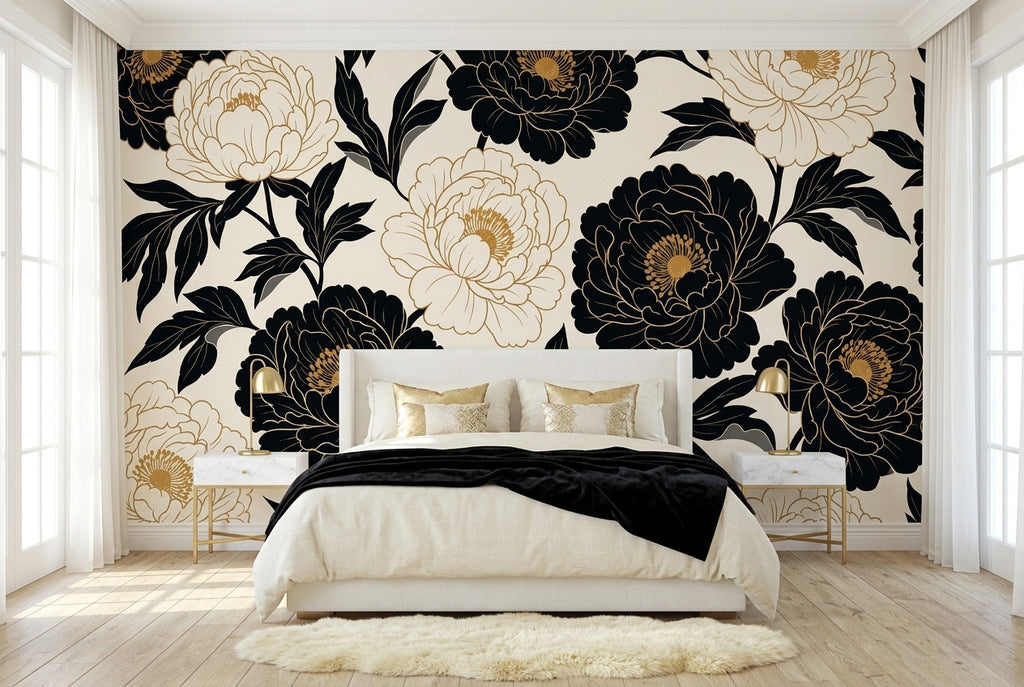 Black and gold peony wallpaper accent wall in a bright glamorous bedroom with a white upholstered bed gold accents and cream bedding