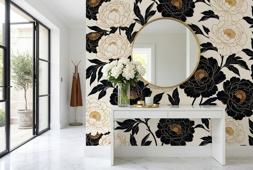 Black and gold peony wallpaper in a bright entryway with a white console table gold mirror and fresh white flowers