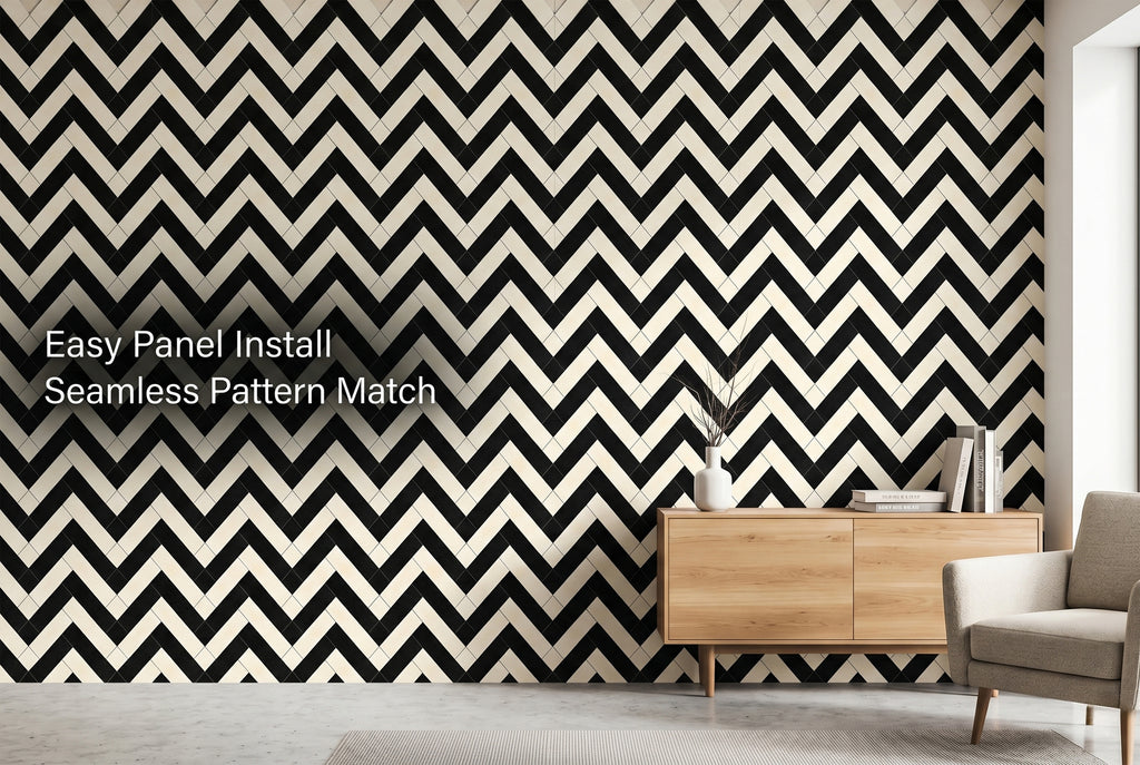 Black and white herringbone tile peel and stick wallpaper in a modern living room