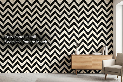 Black and white herringbone tile peel and stick wallpaper in a modern living room