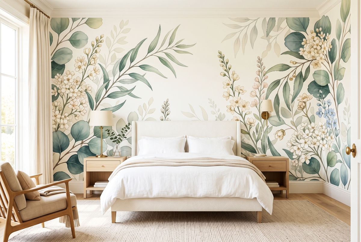 Blue botanical wallpaper mural with eucalyptus leaves and delicate flowers