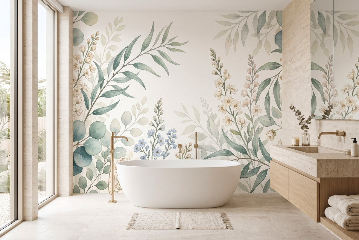 Soft blue floral wallpaper with sage green botanical foliage