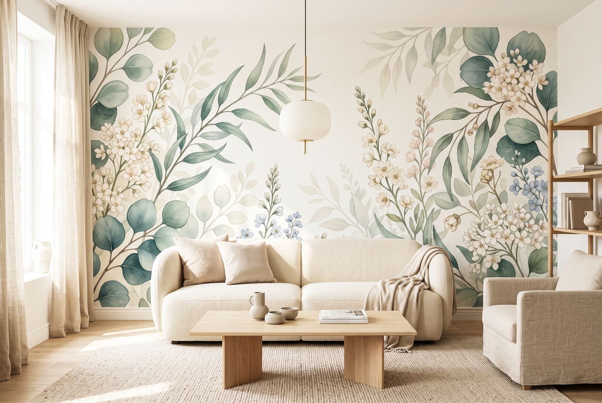 Eucalyptus botanical wallpaper mural with white and blue flowers