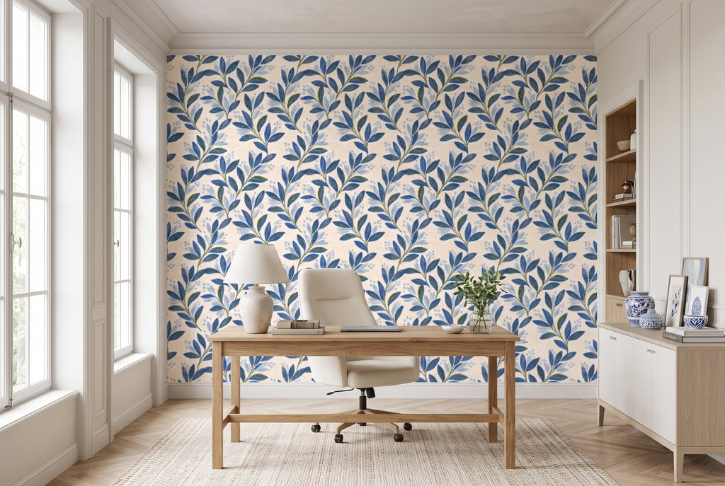 1. Seamless botanical wallpaper pattern with cobalt blue leaves and cream background