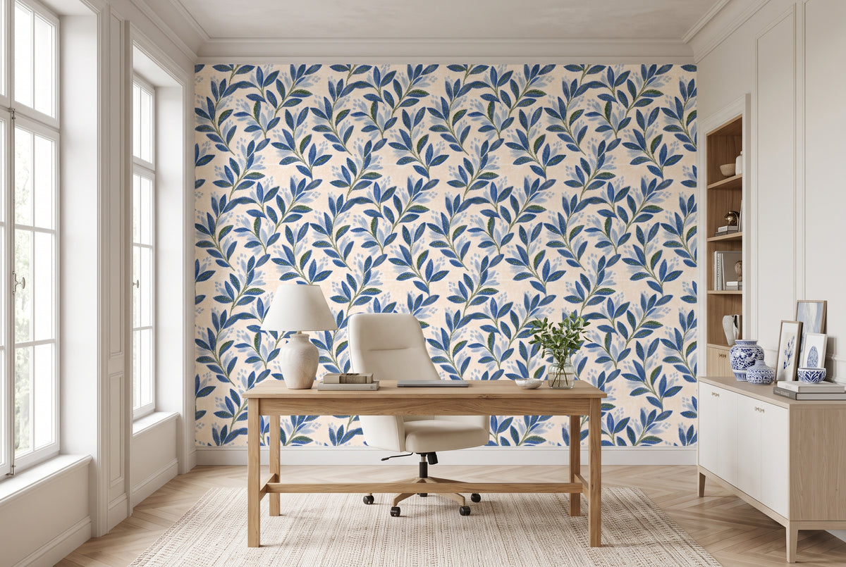 1. Seamless botanical wallpaper pattern with cobalt blue leaves and cream background