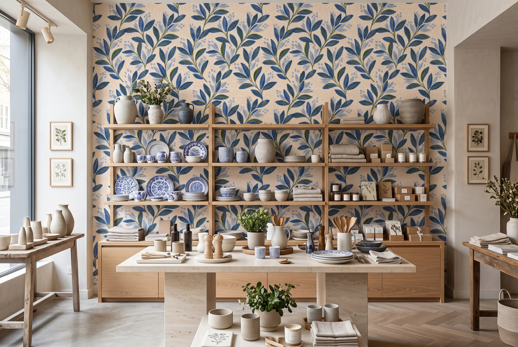 Painterly blue and green leaf wallpaper for contemporary interiors