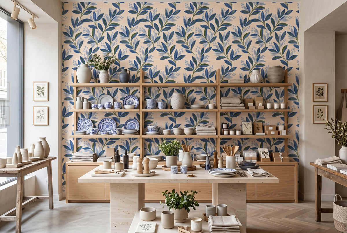 Painterly blue and green leaf wallpaper for contemporary interiors