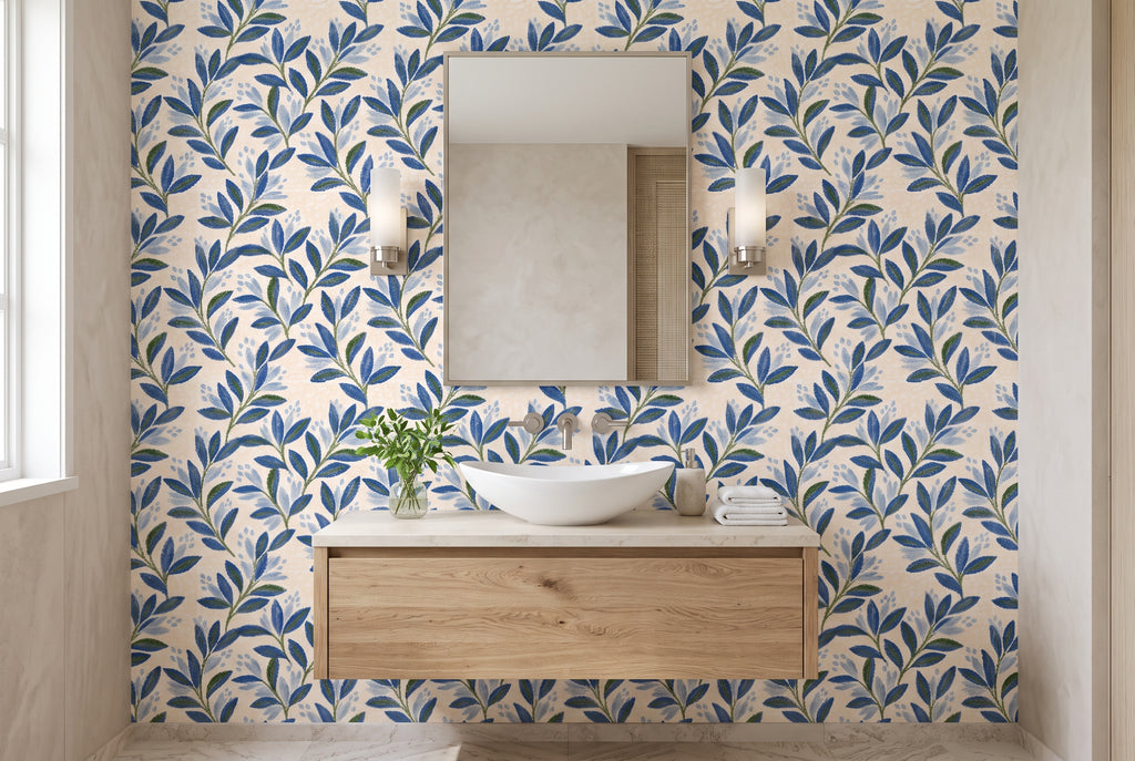 Painterly blue and green leaf wallpaper for contemporary interiors