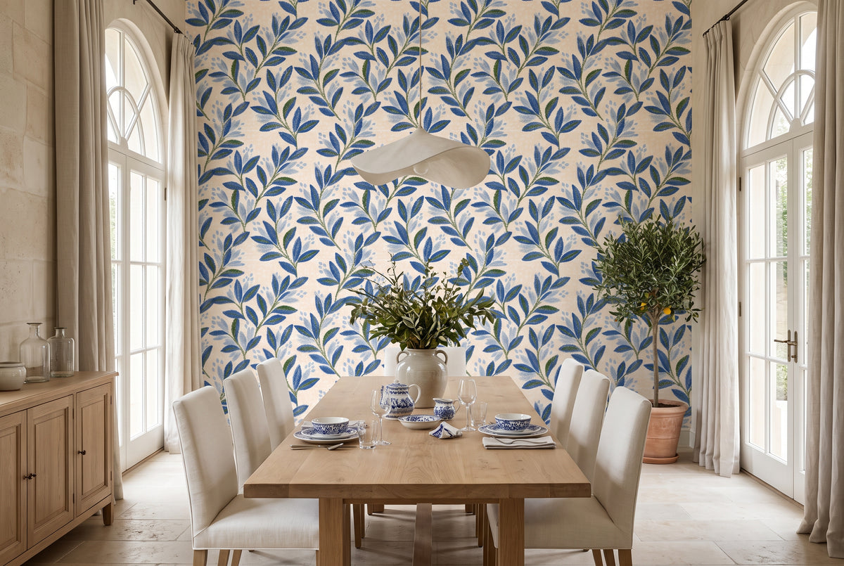 Blue botanical wallpaper with hand-painted cobalt blue and sage green leaves