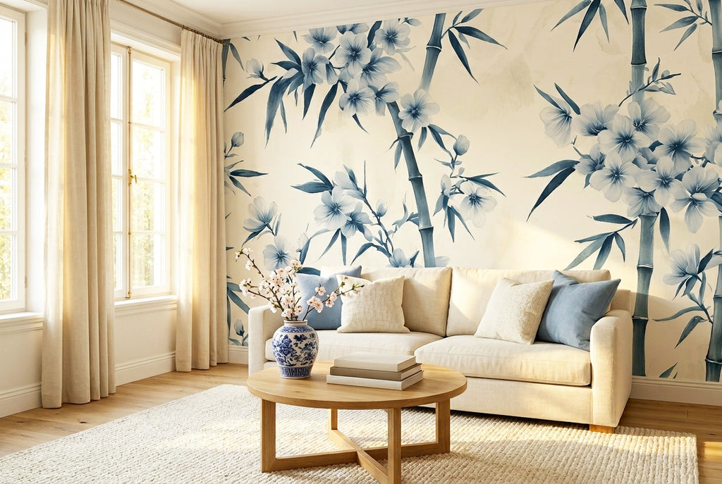 Blue and white chinoiserie wall mural — watercolour bamboo stems and cherry blossoms in soft indigo blue on warm ivory cream background — peel and stick wallpaper by WallpaperPixi