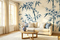 Blue and white chinoiserie wall mural — watercolour bamboo stems and cherry blossoms in soft indigo blue on warm ivory cream background — peel and stick wallpaper by WallpaperPixi