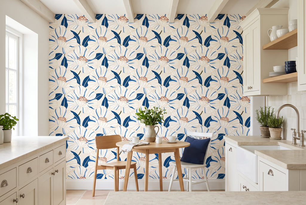 Blue and white floral wallpaper with oversized white flowers and cobalt blue leaves