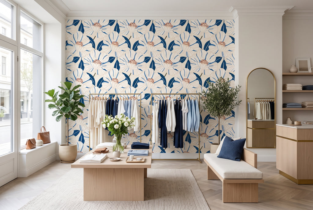 1. Modern repeating floral wallpaper in cobalt blue, ivory, white and rust red