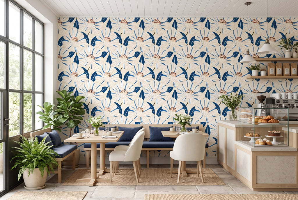 Painterly blue botanical wallpaper featuring large white blossoms and pale blue details