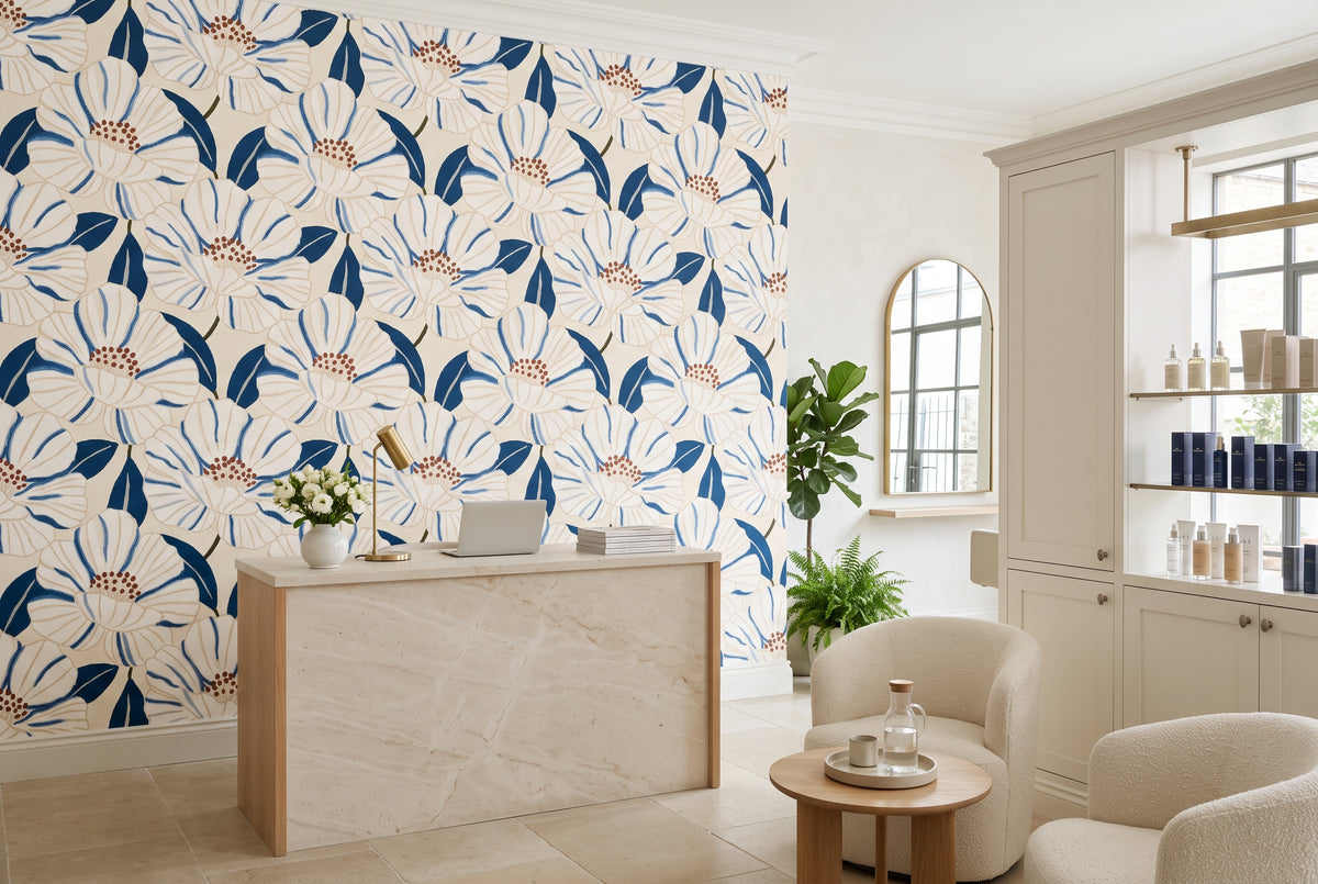 Repeating botanical wallpaper pattern with blue foliage and white flower petals