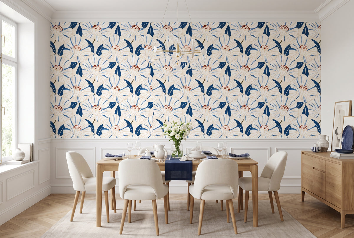 Cobalt blue and white flower wallpaper with terracotta centres on an ivory background