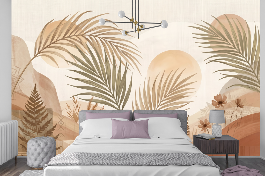 Watercolor terracotta dunes and palm leaves peel and stick wallpaper behind a bohemian bed