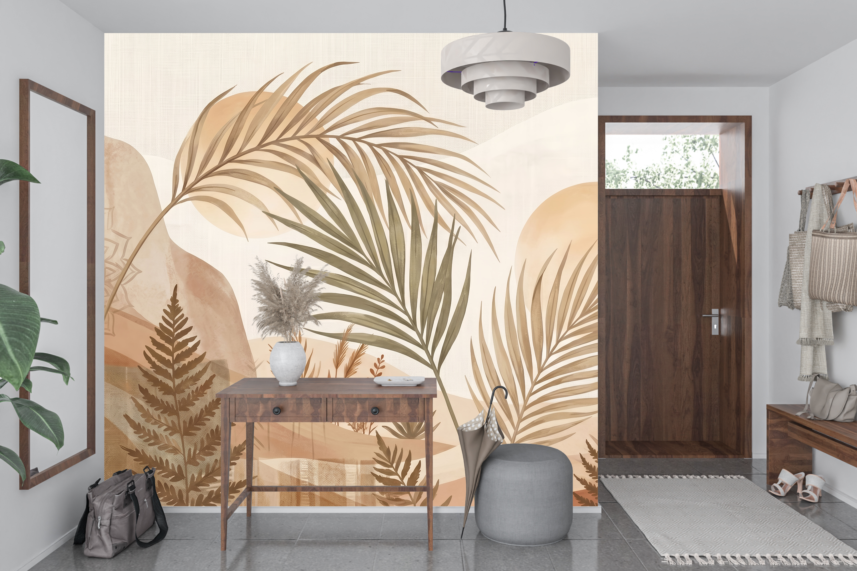 Large scale boho landscape wall mural transforming a creative nursery or welcoming entryway