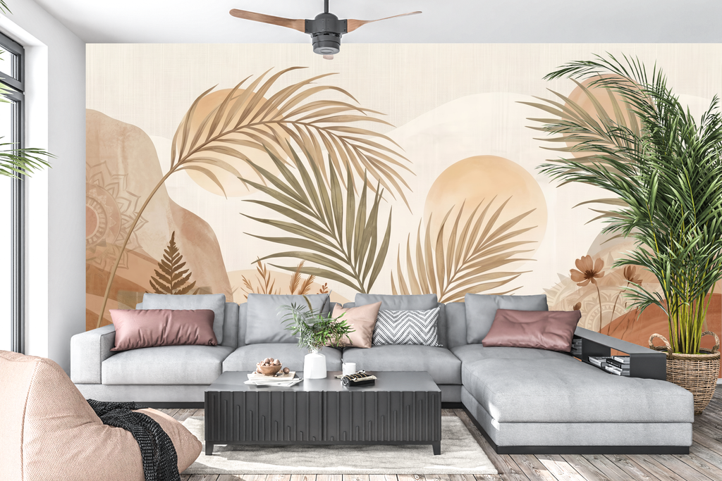 Boho desert oasis landscape mural in a warm earthy living room