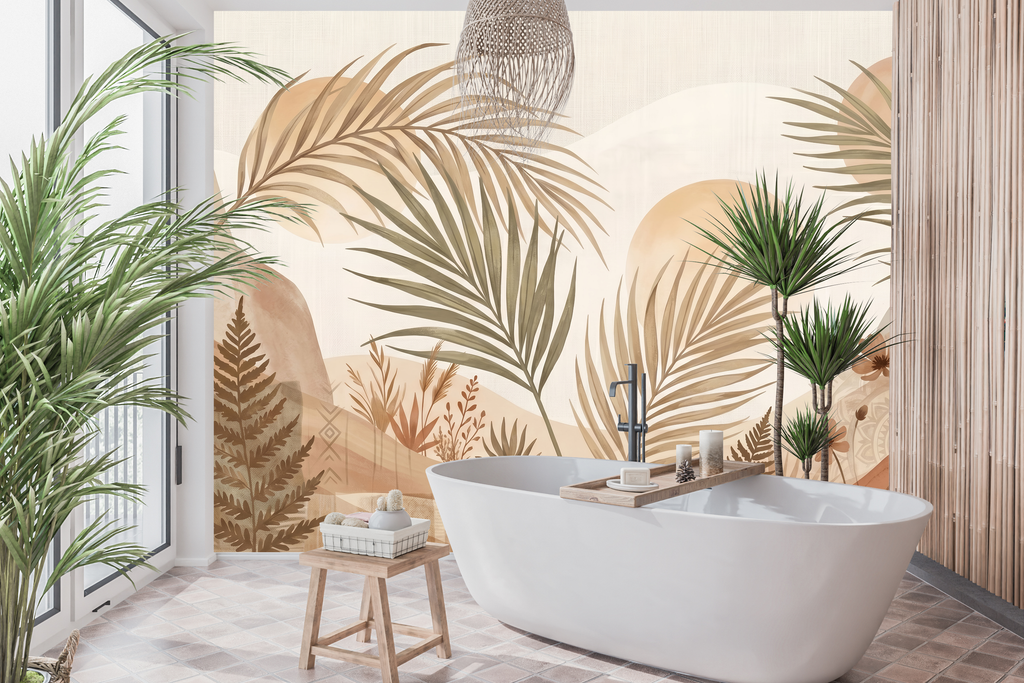 Serene desert sunset and mandala wall mural creating a calming accent wall in a yoga room