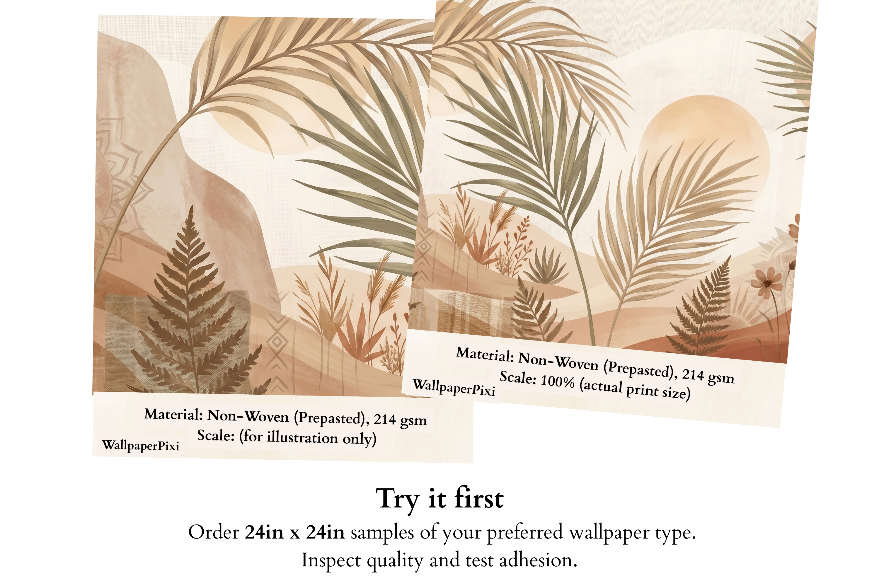 Boho Desert Oasis Landscape Wall Mural – Earthy Watercolor Botanical Wallpaper