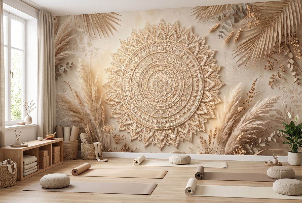 Neutral botanical wallpaper for boho bedroom and meditation room