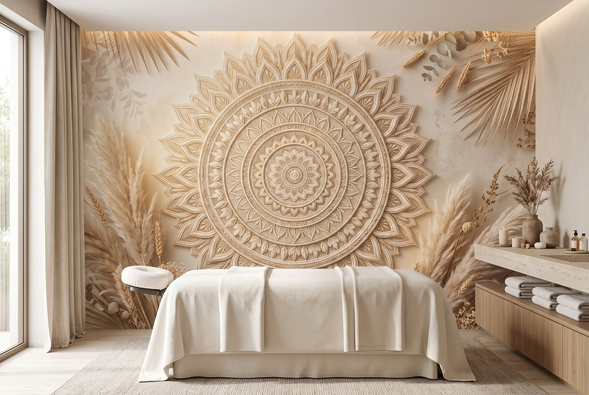 1. Custom mandala wall mural with ivory beige pampas grass and earthy tones