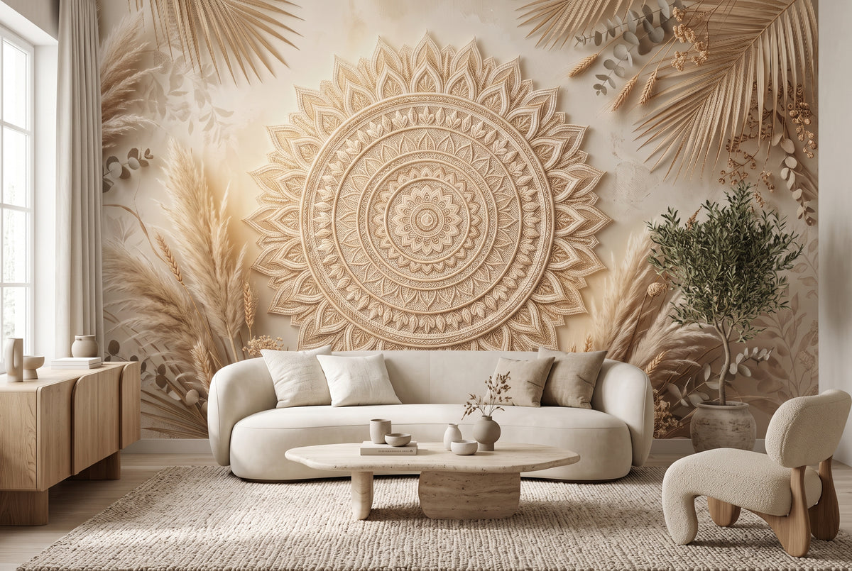 Neutral mandala wallpaper with intricate sunburst design and dried florals