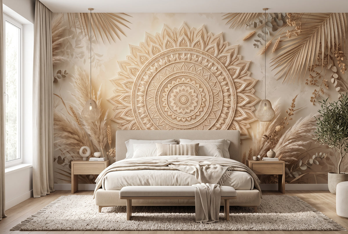 Beige boho mandala wallpaper mural with pampas grass and botanical details