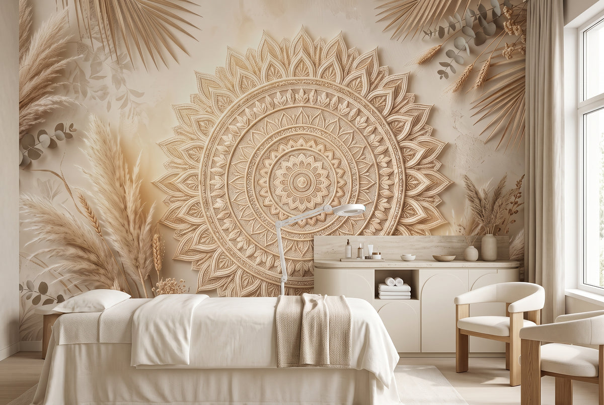 Bohemian beige wallpaper mural with ornamental mandala and palm leaves