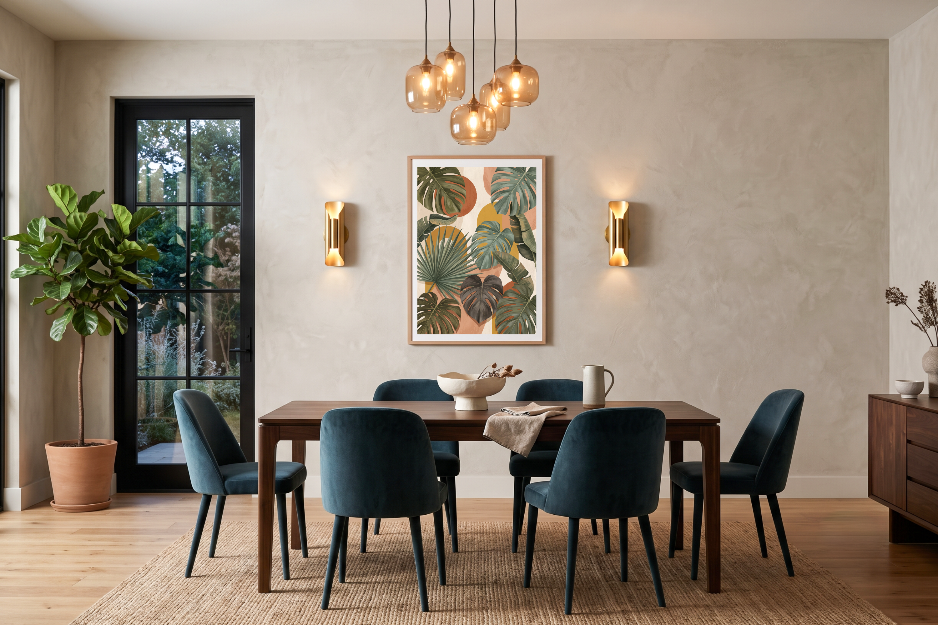 Vibrant mid-century modern indoor jungle poster creating a relaxing botanical atmosphere