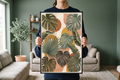 Detail view showing the rich textures of the tropical leaves and smooth geometric background shapes